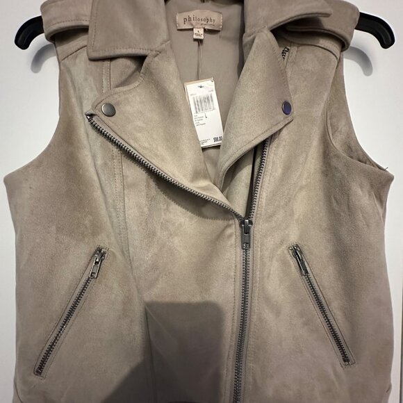 Philosophy Taupe Sleeveless Moto Vest Jacket L With Zipper Pockets & Notch Lapel - Picture 6 of 12